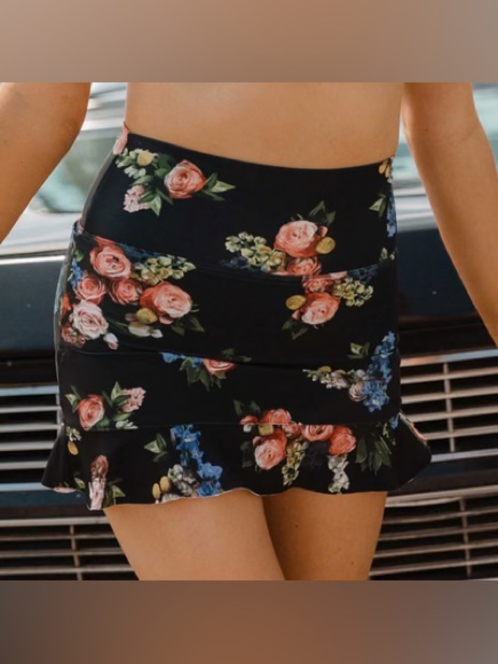 Albion Black Floral Ruffle Bikini Skirt